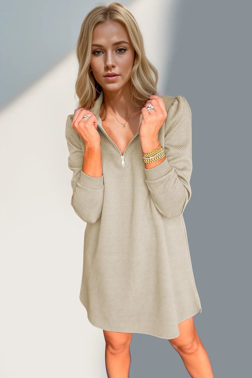 Double Take Textured Quarter Zip Long Sleeve Dress - Love Salve
